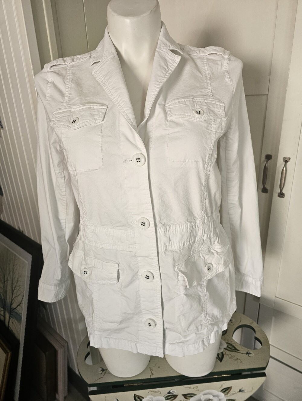 Talbots White Utility Jacket Womens Button Front Drawstring Pockets Safari